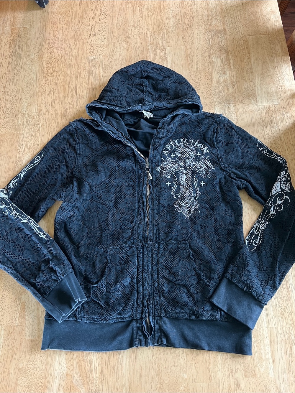Affliction Black Reversible Hooded Zip Jacket with Embroidered Cross Detail